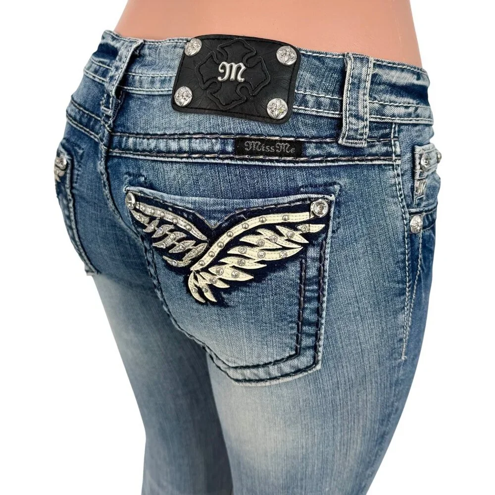 Miss Me Rhinestone Wing Distressed Skinny Jeans | McBling Y2K Early 2010s Tumblr - Picture 12 of 16